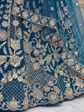 Lovely Teal Blue Embroidered Net Wedding Lehenga Choli With Dupatta