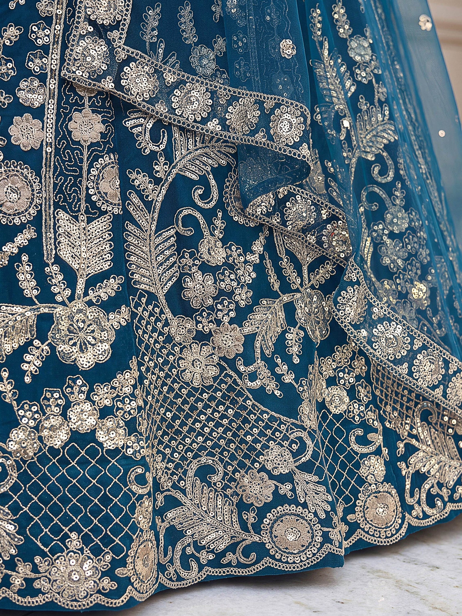 Lovely Teal Blue Embroidered Net Wedding Lehenga Choli With Dupatta