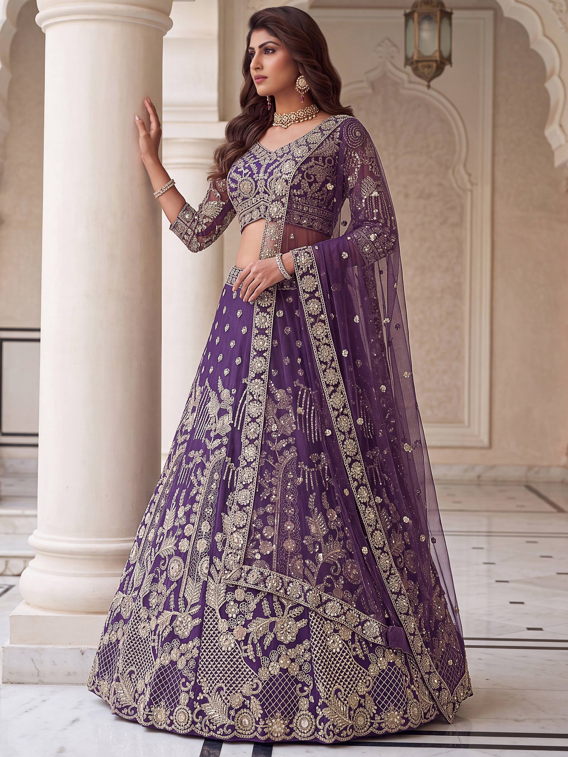 Alluring Purple Sequin Work Net Wedding Lehenga Choli With Dupatta 