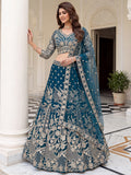 Lovely Teal Blue Embroidered Net Wedding Lehenga Choli With Dupatta