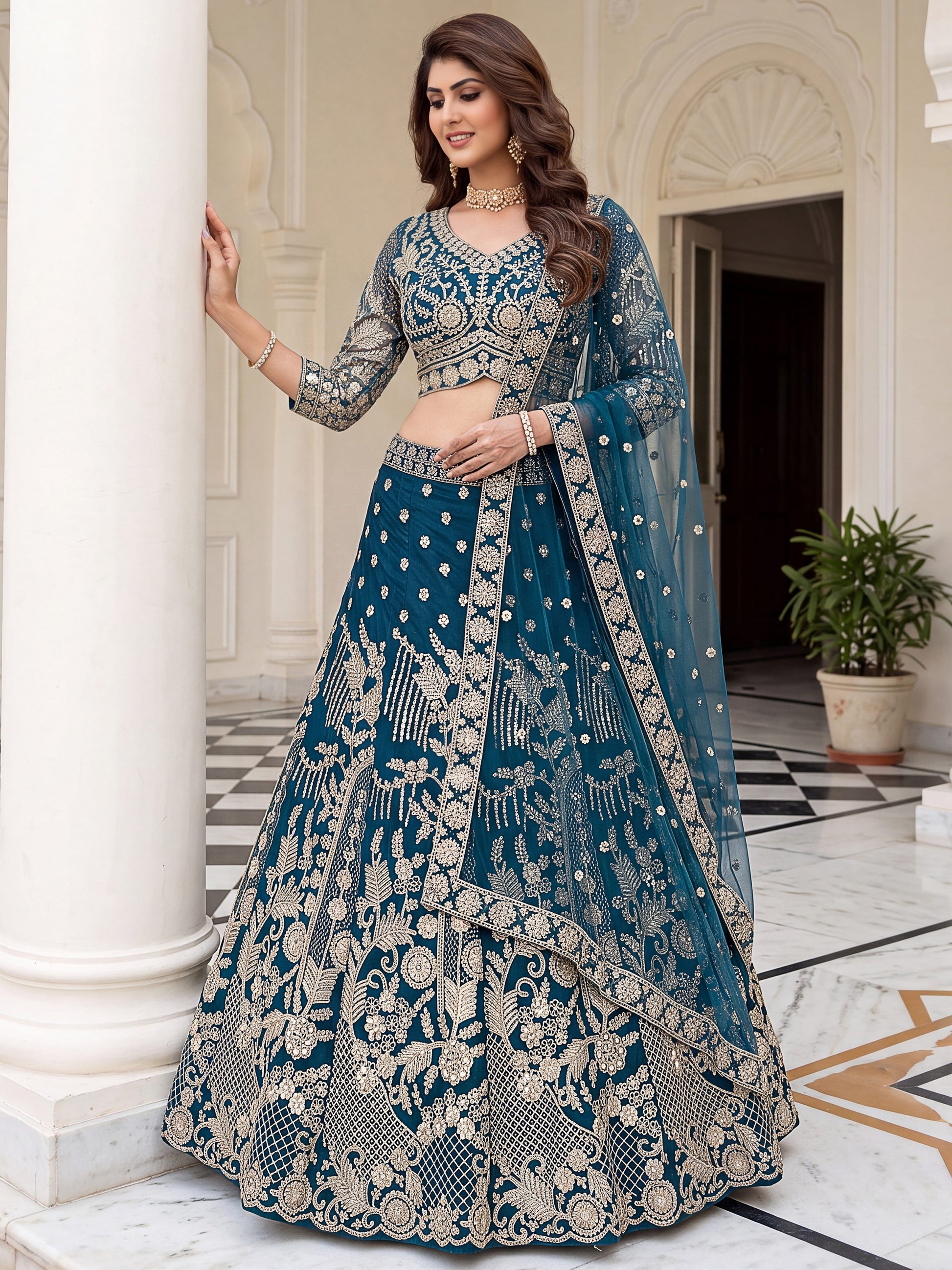 Lovely Teal Blue Embroidered Net Wedding Lehenga Choli With Dupatta