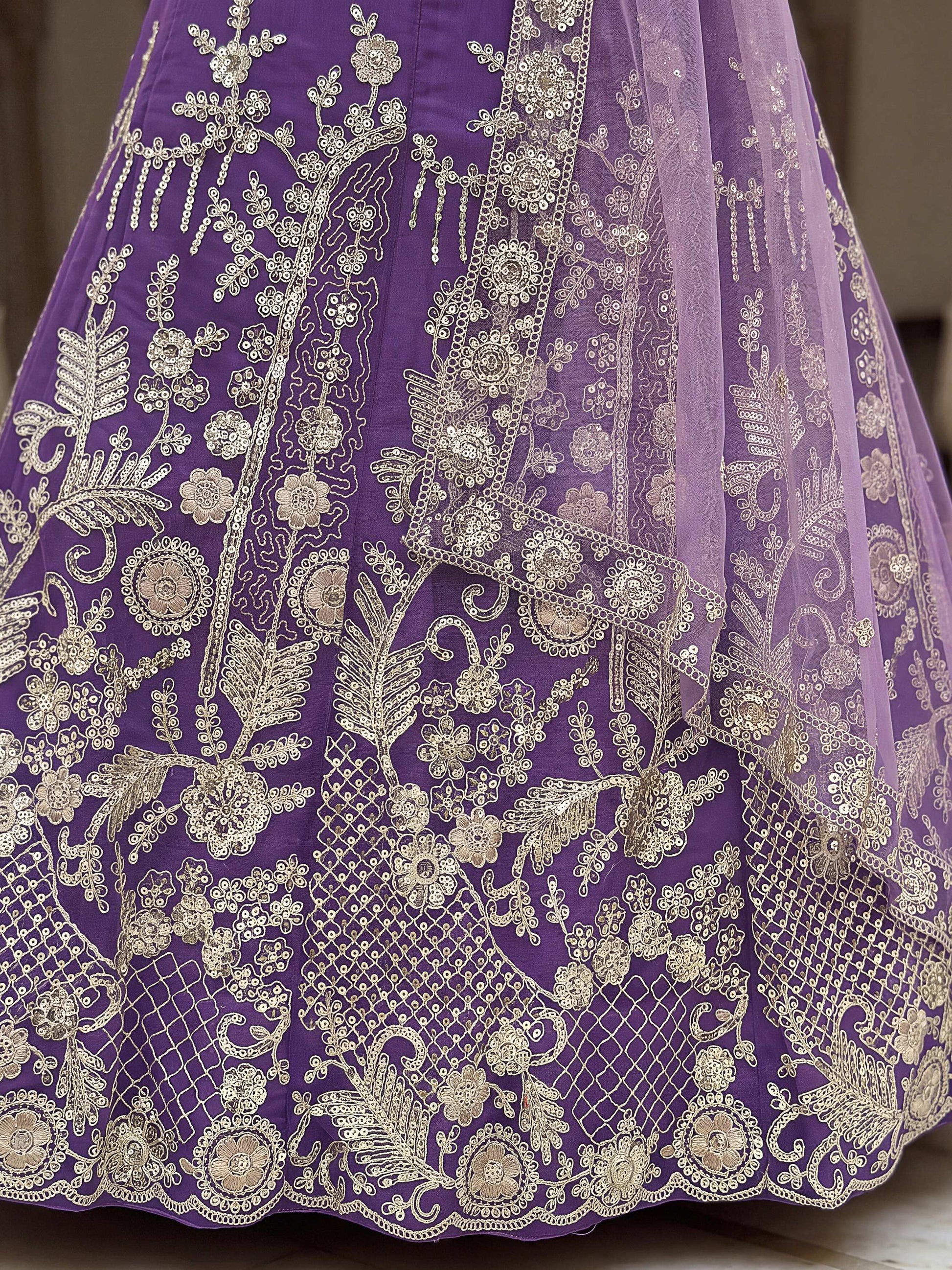 Alluring Purple Sequin Work Net Wedding Lehenga Choli With Dupatta 