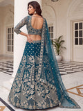 Lovely Teal Blue Embroidered Net Wedding Lehenga Choli With Dupatta
