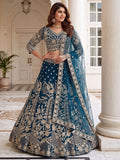 Lovely Teal Blue Embroidered Net Wedding Lehenga Choli With Dupatta