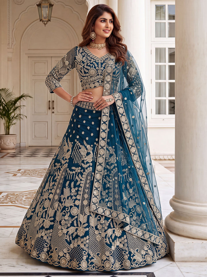 Lovely Teal Blue Embroidered Net Wedding Lehenga Choli With Dupatta