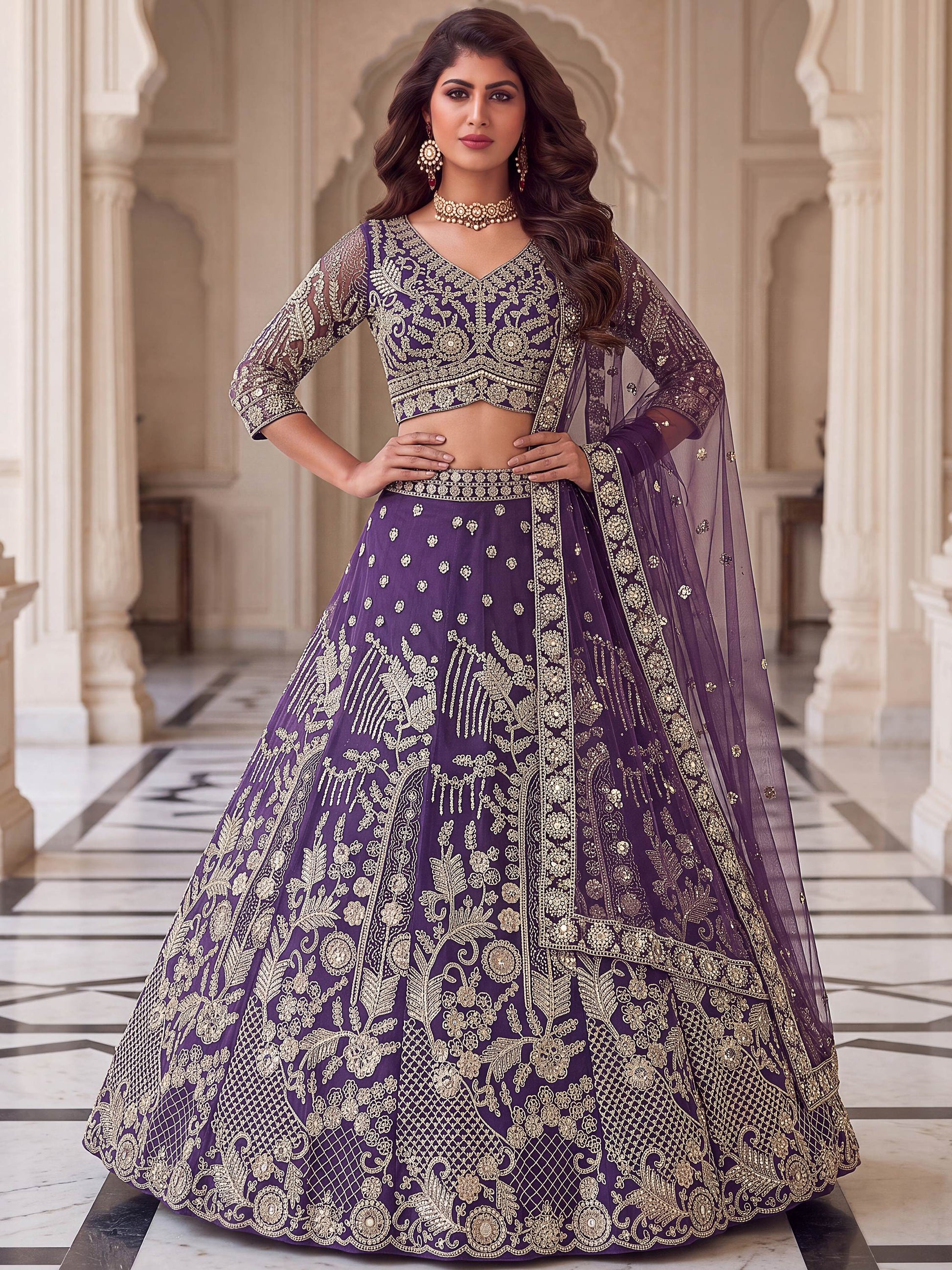 Alluring Purple Sequin Work Net Wedding Lehenga Choli With Dupatta 