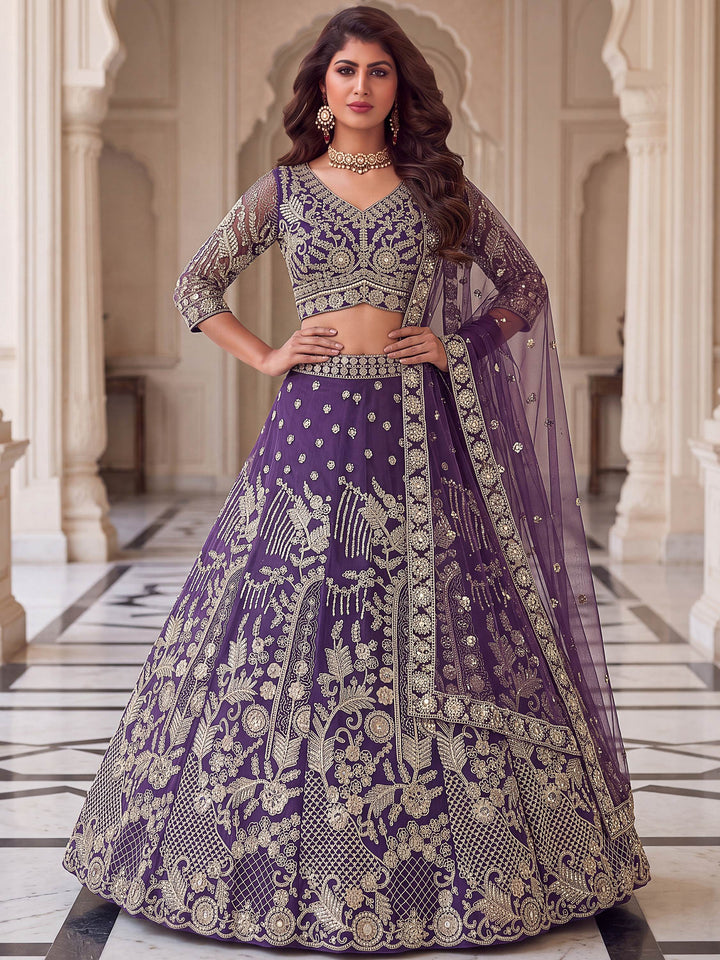 Alluring Purple Sequin Work Net Wedding Lehenga Choli With Dupatta 