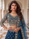 Lovely Teal Blue Embroidered Net Wedding Lehenga Choli With Dupatta