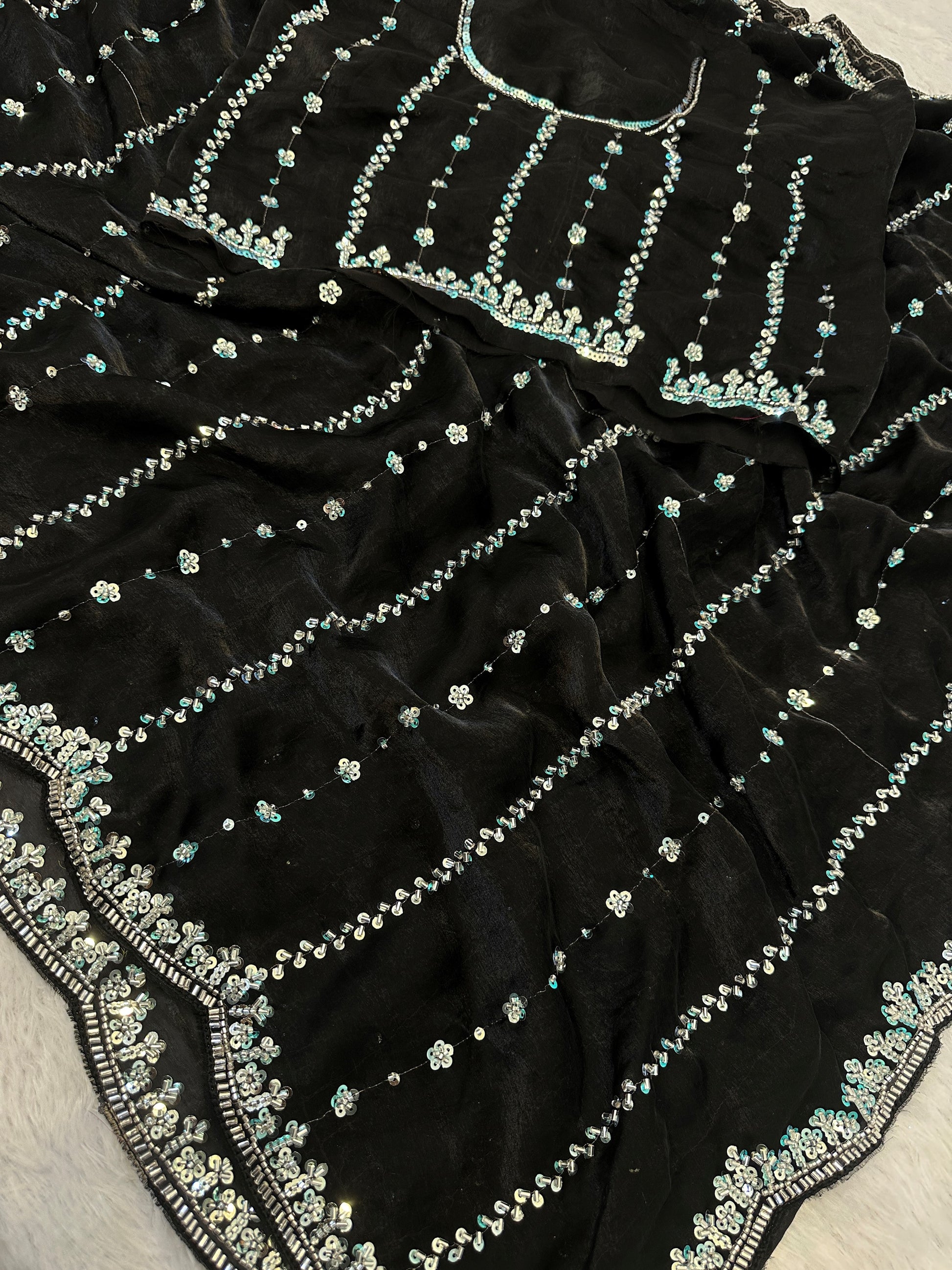 Alluring Black Embroidery Satin Festival Wear Saree With Blouse