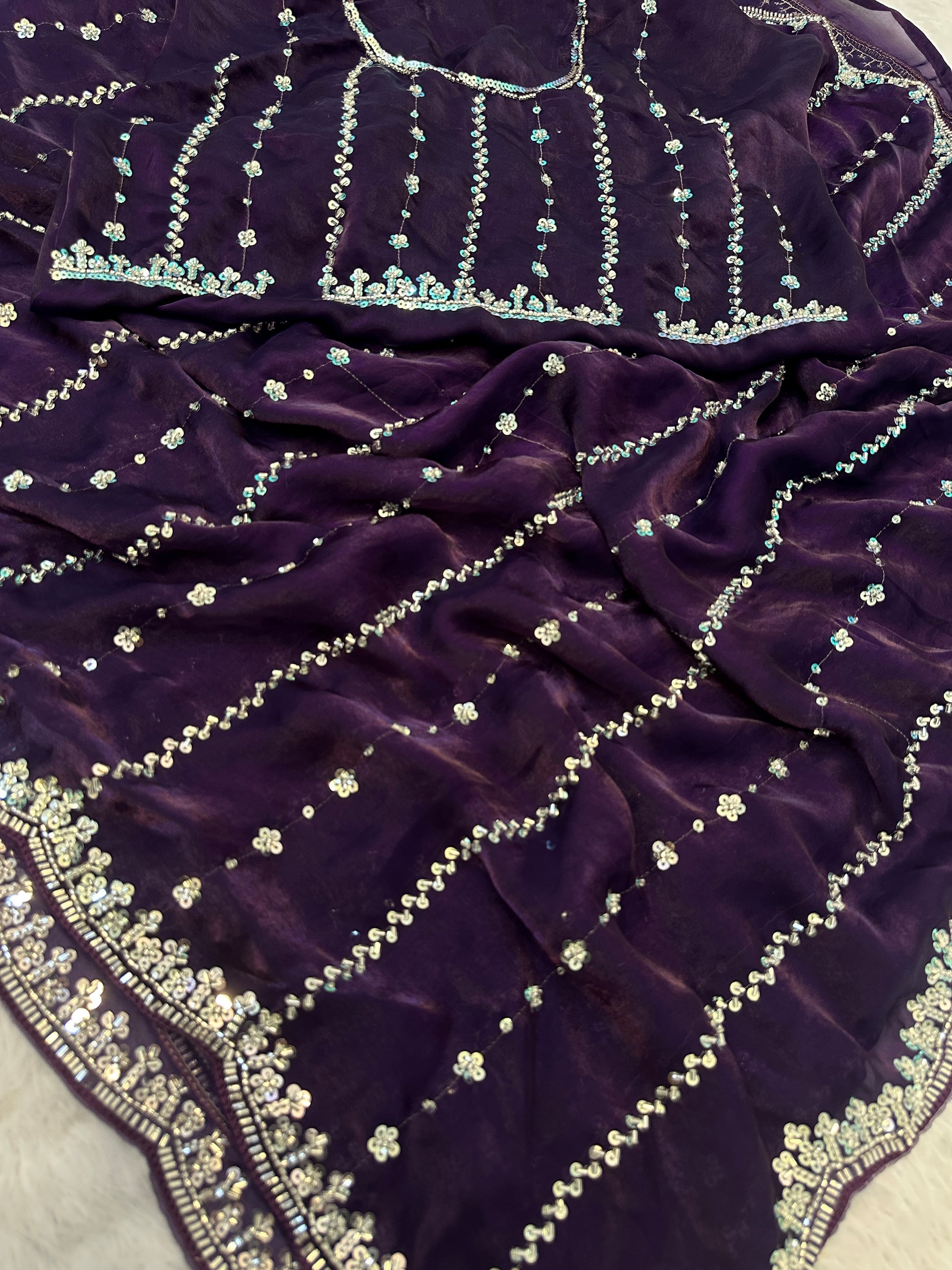 Fabulous Purple Embroidered Satin Wedding Wear Saree With Blouse