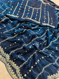 Awesome Navy Blue Beads Work Satin Party Wear Saree With Blouse