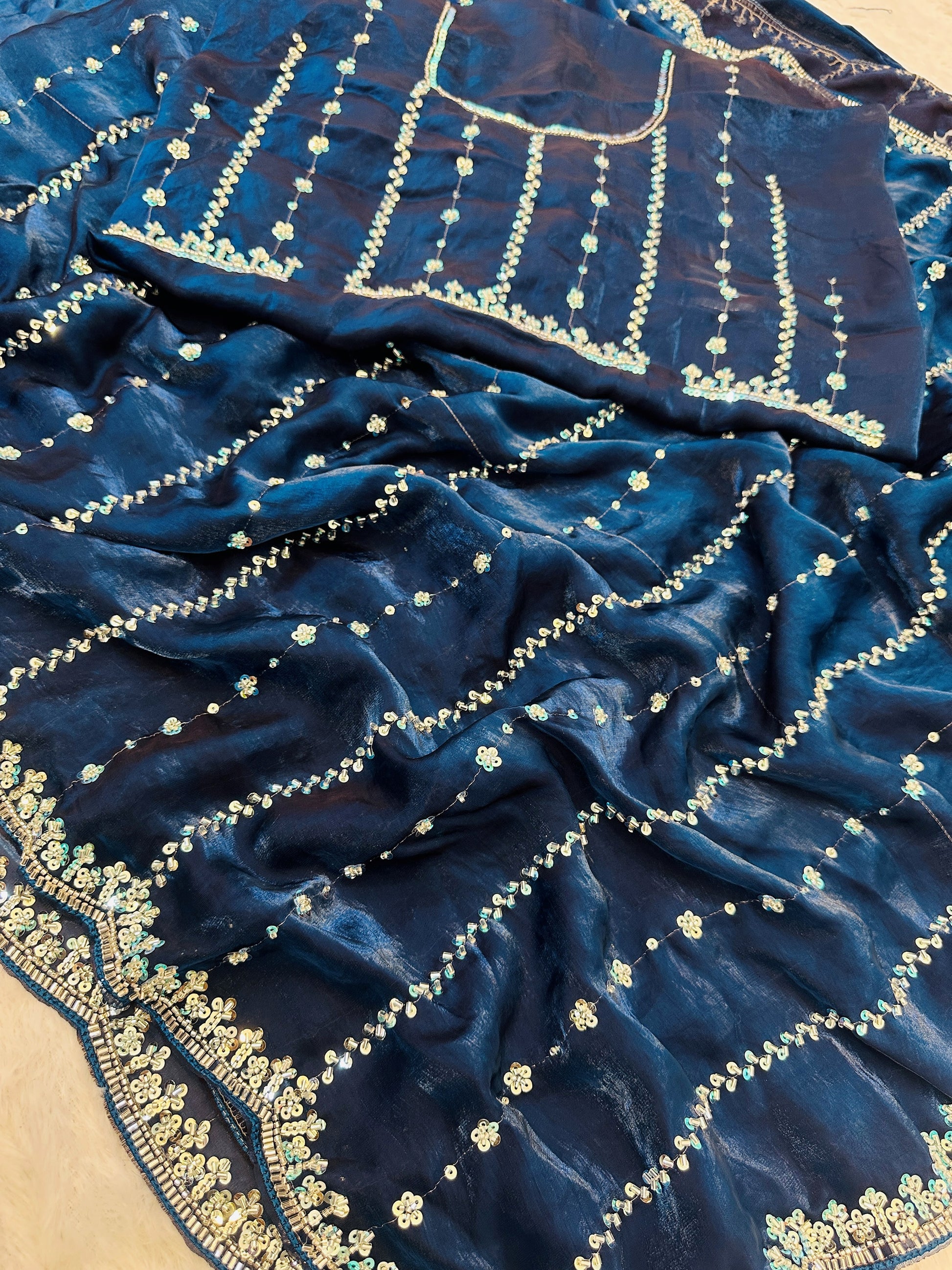 Awesome Navy Blue Beads Work Satin Party Wear Saree With Blouse