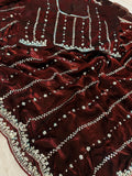 Impressive Marron Beads Work Satin Wedding Wear Saree With Blouse