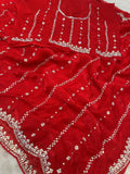 Sparkling Red Bead Work Satin Festival Wear Saree With Blouse