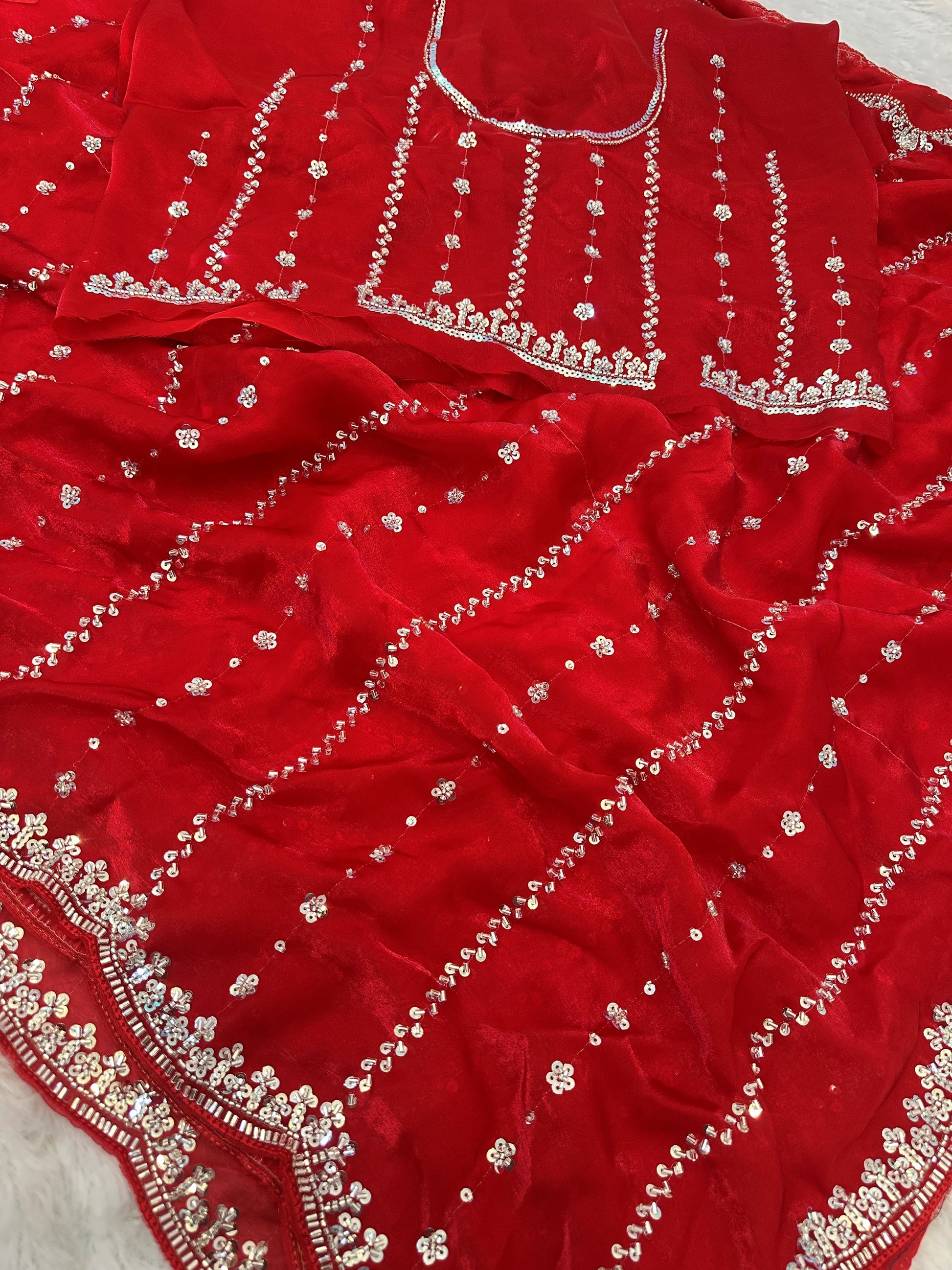 Sparkling Red Bead Work Satin Festival Wear Saree With Blouse