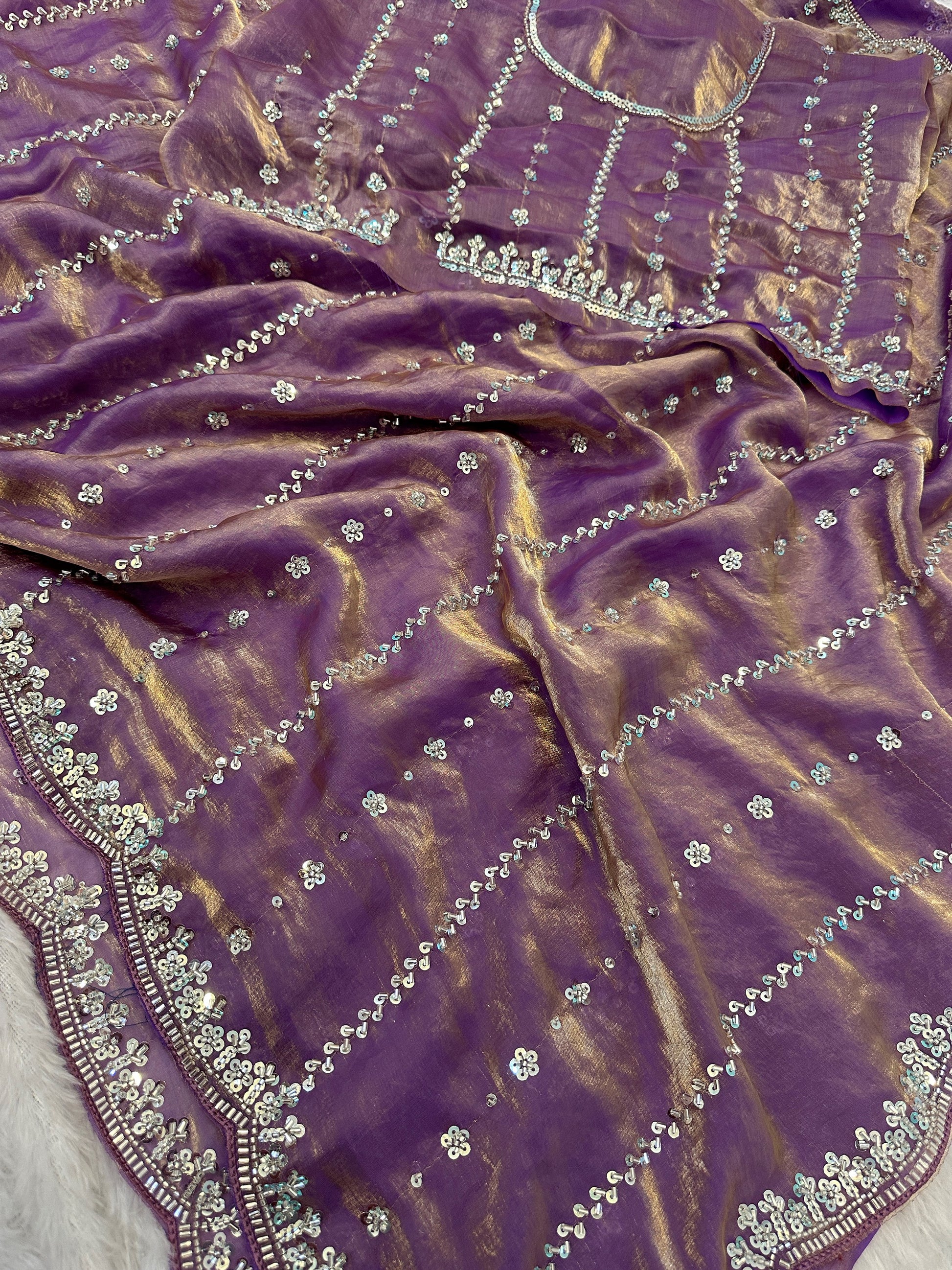 Gorgeous Lavender Sequins Work Satin Party Wear Saree With Blouse