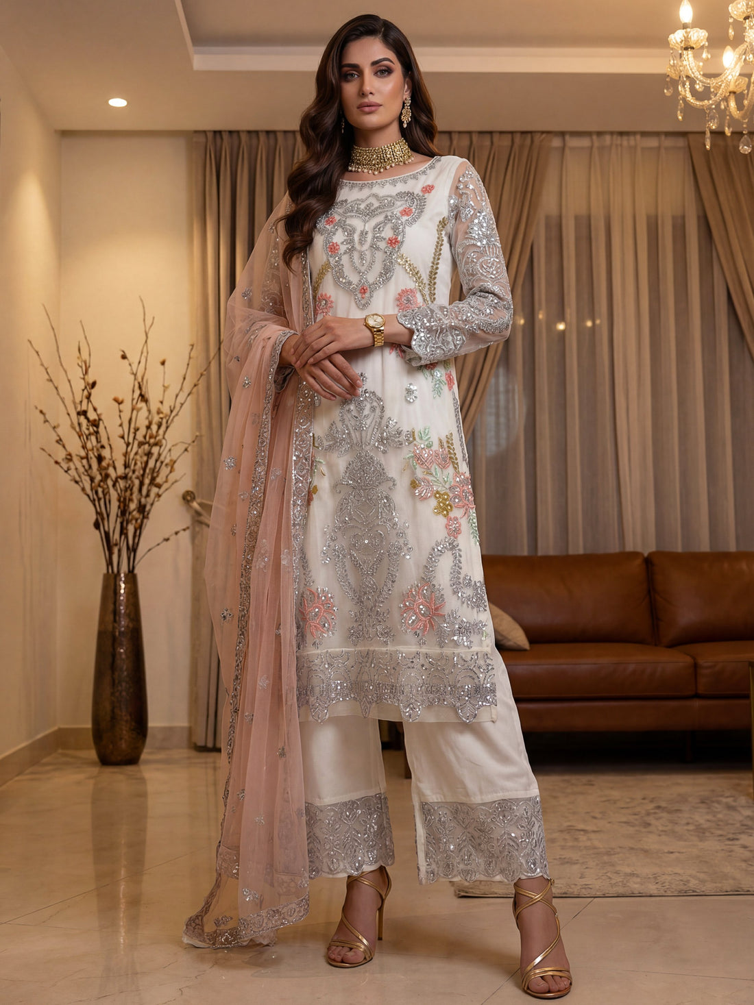 Classic White Sequins Net Eid Special Pant Suit With Dupatta
