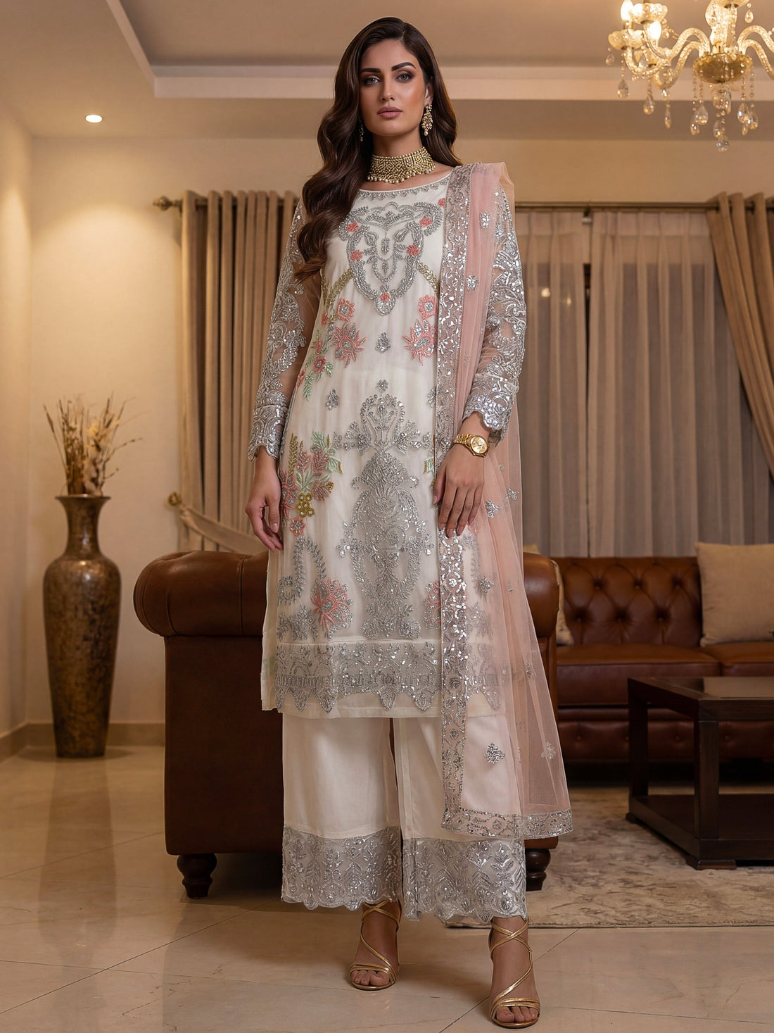 Classic White Sequins Net Eid Special Pant Suit With Dupatta
