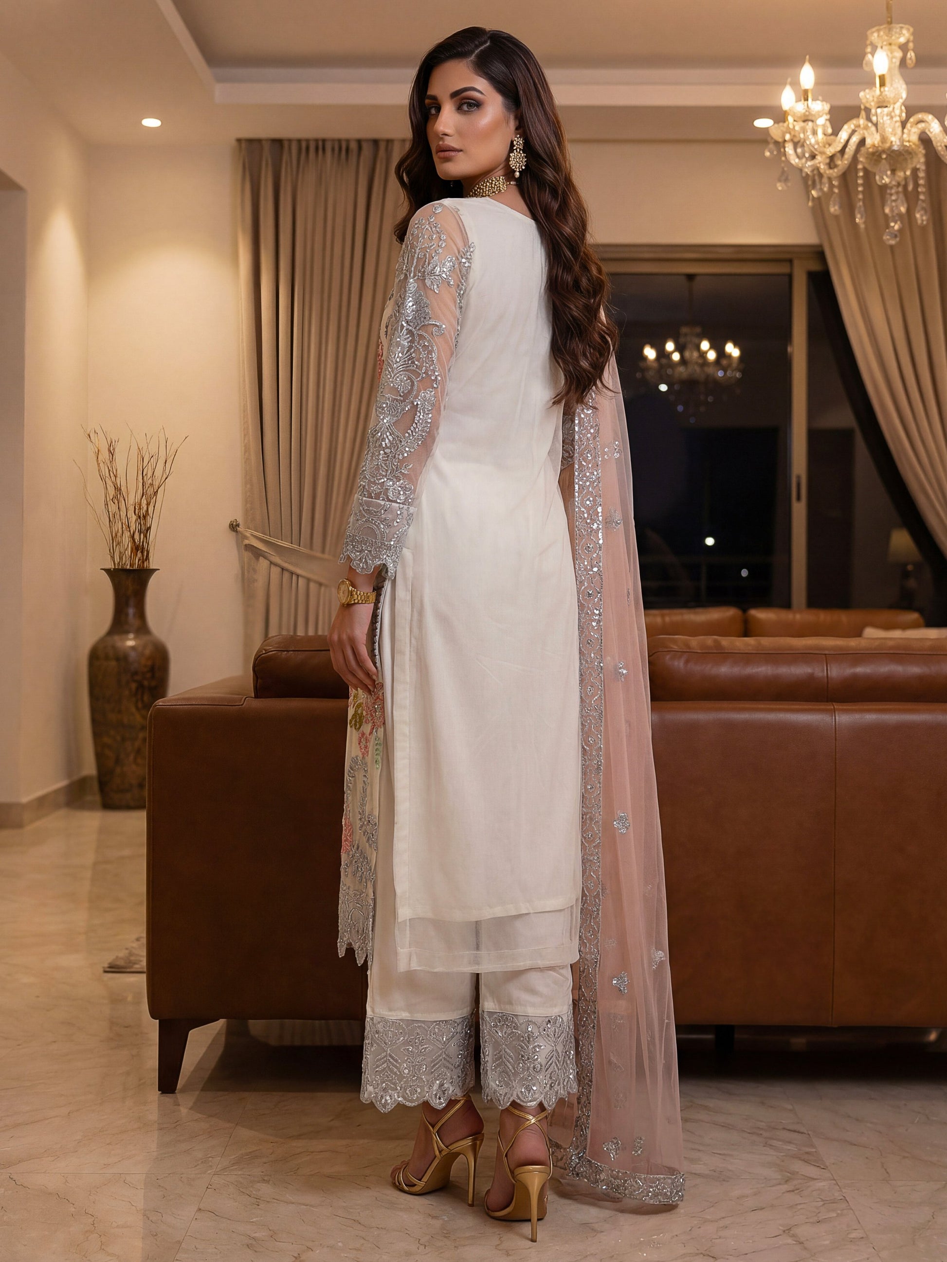 Classic White Sequins Net Eid Special Pant Suit With Dupatta