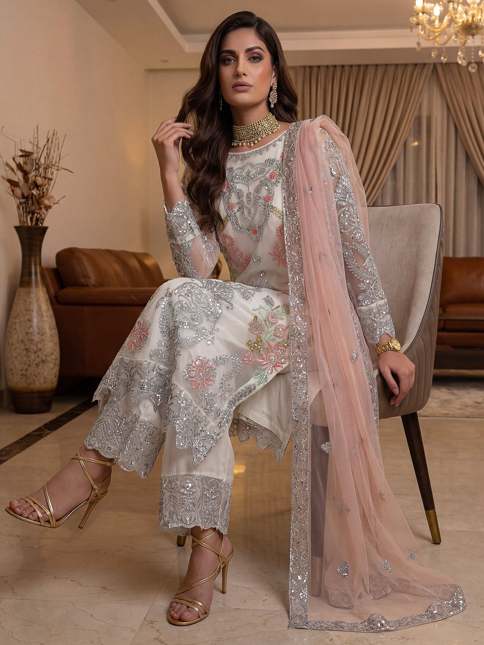 Classic White Sequins Net Eid Special Pant Suit With Dupatta