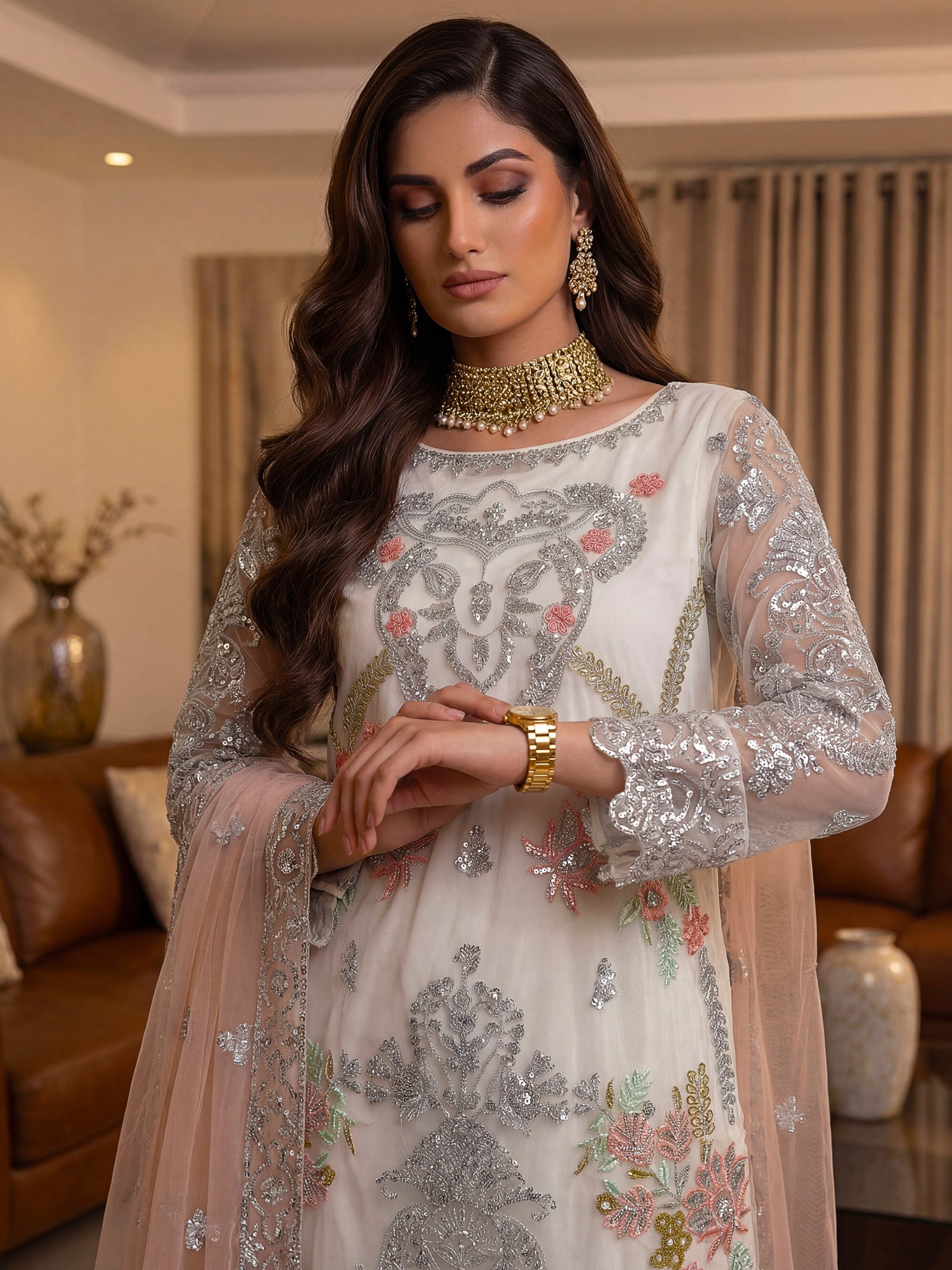 Classic White Sequins Net Eid Special Pant Suit With Dupatta