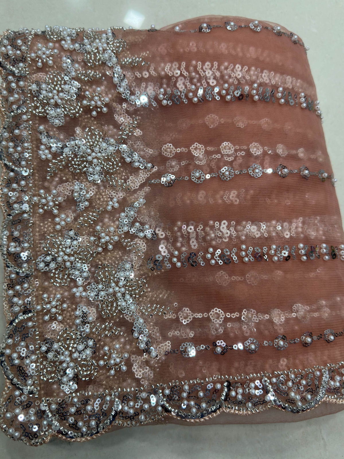 Attractive Peach Pearl Work Net Event Wear Saree With Blouse