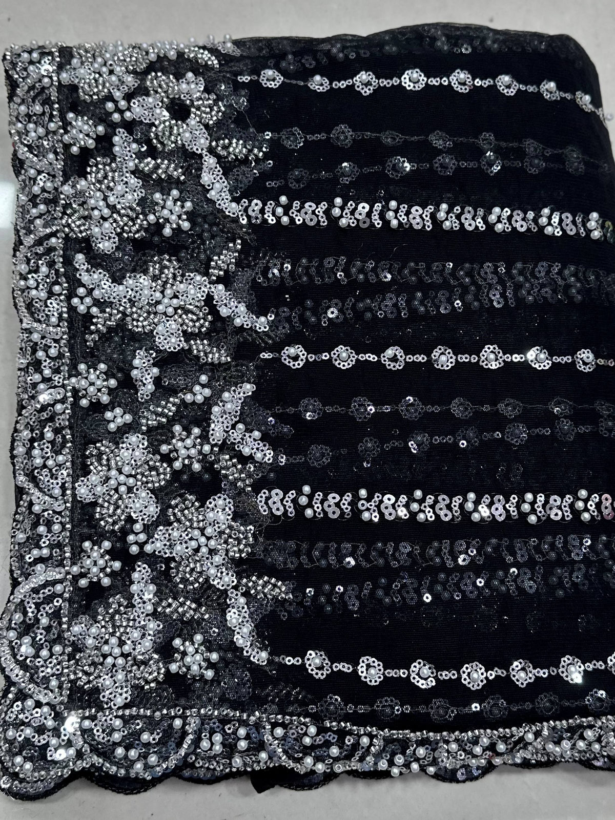 Glamorous Black Beads Work Net Party Wear Saree With Blouse