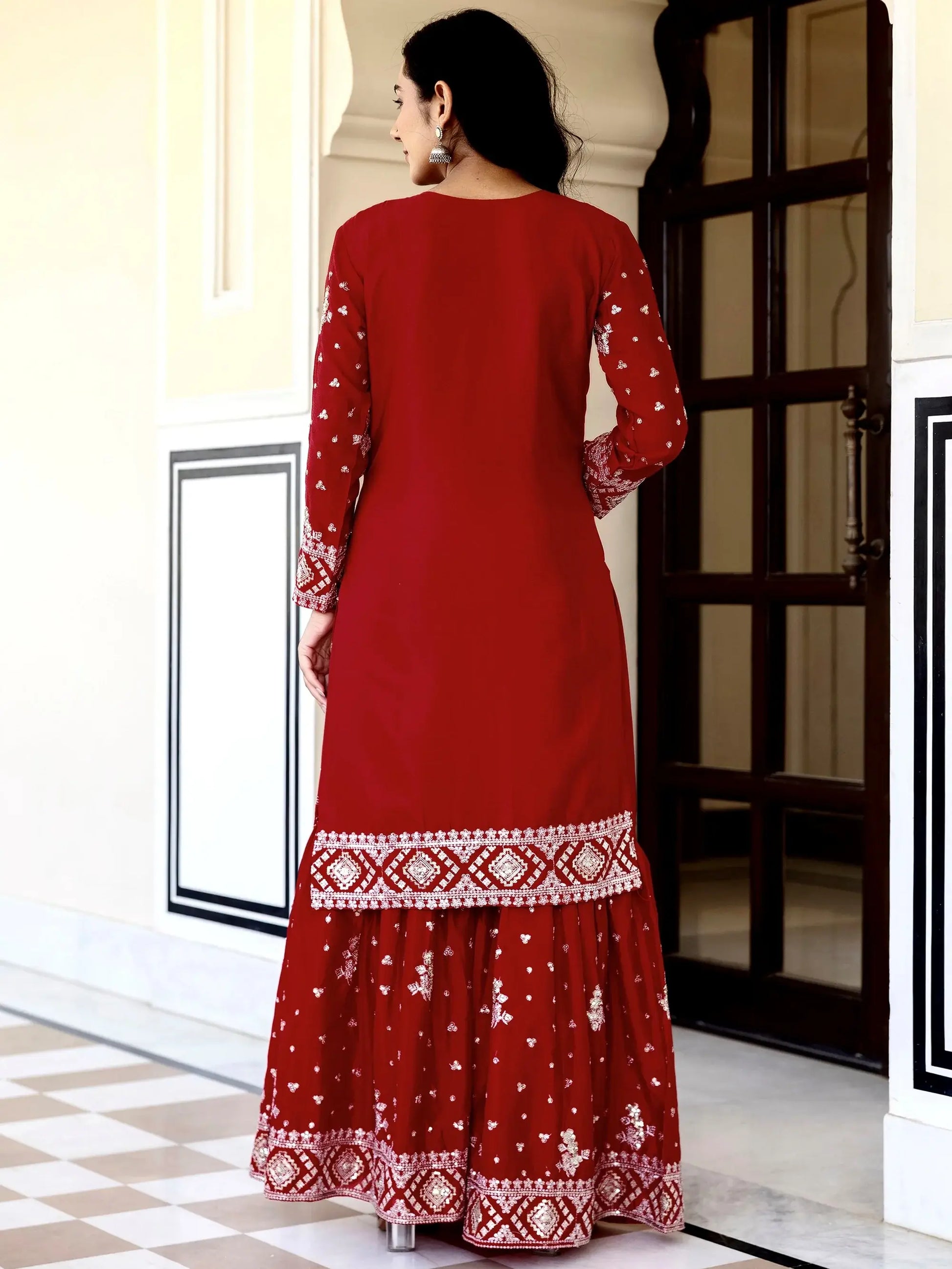 Astonishing Red Sequins Embroidery Chinon Wedding Wear Gharara Suit