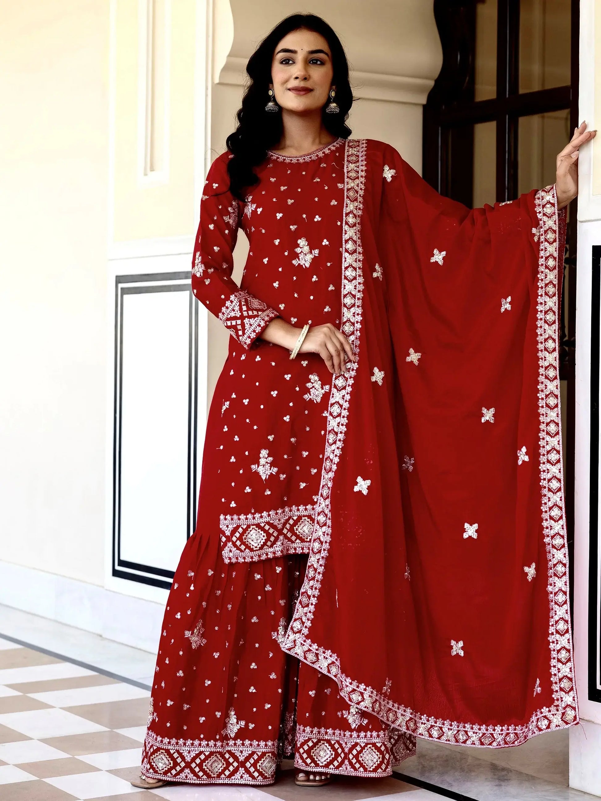 Astonishing Red Sequins Embroidery Chinon Wedding Wear Gharara Suit