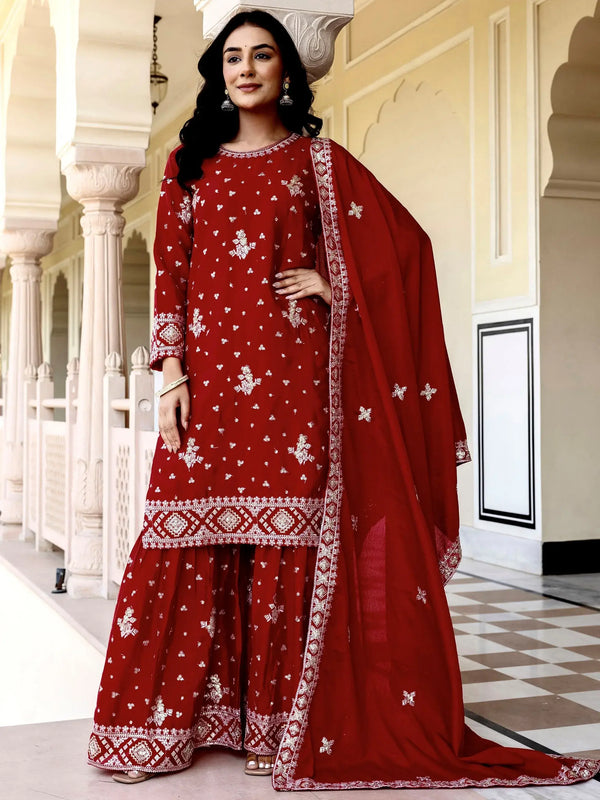Astonishing Red Sequins Embroidery Chinon Wedding Wear Gharara Suit