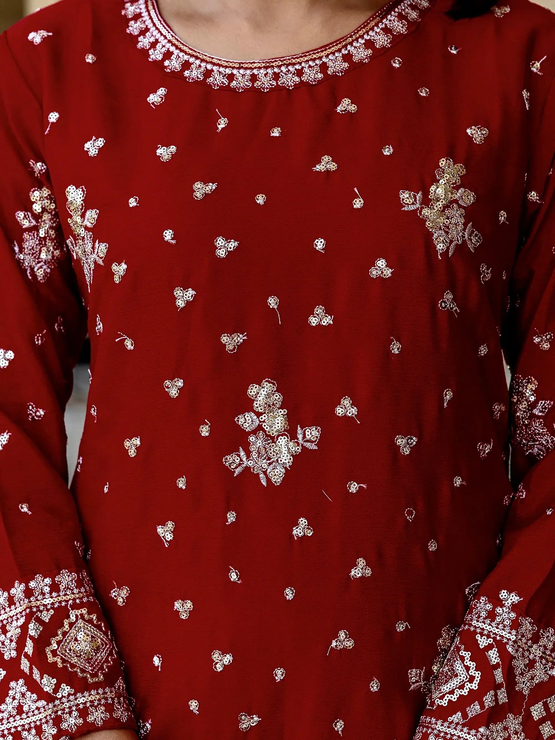 Astonishing Red Sequins Embroidery Chinon Wedding Wear Gharara Suit