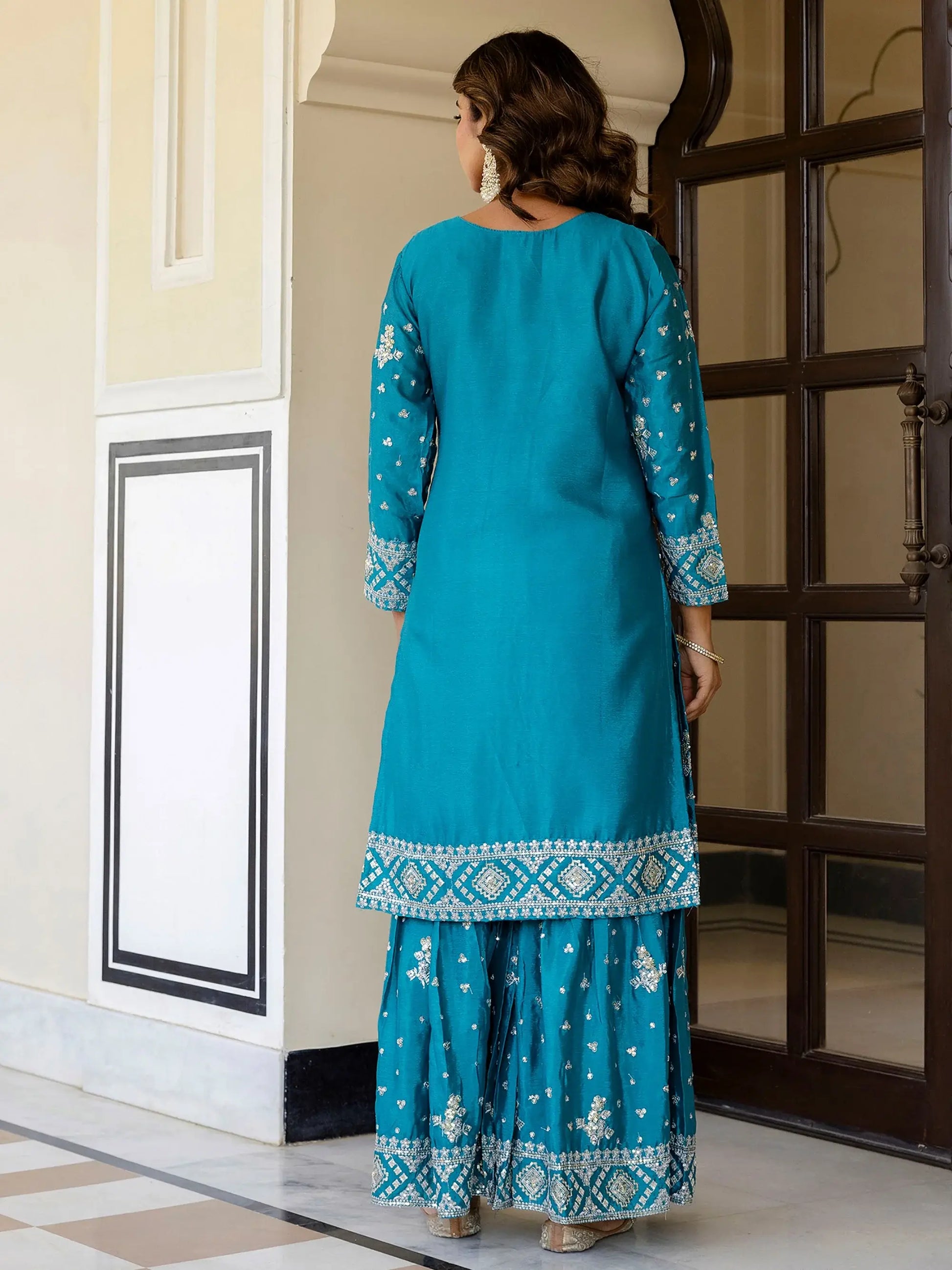 Glorious Sky Blue Zari Embroidery Chinon Festive Wear Gharara Suit With Dupatta