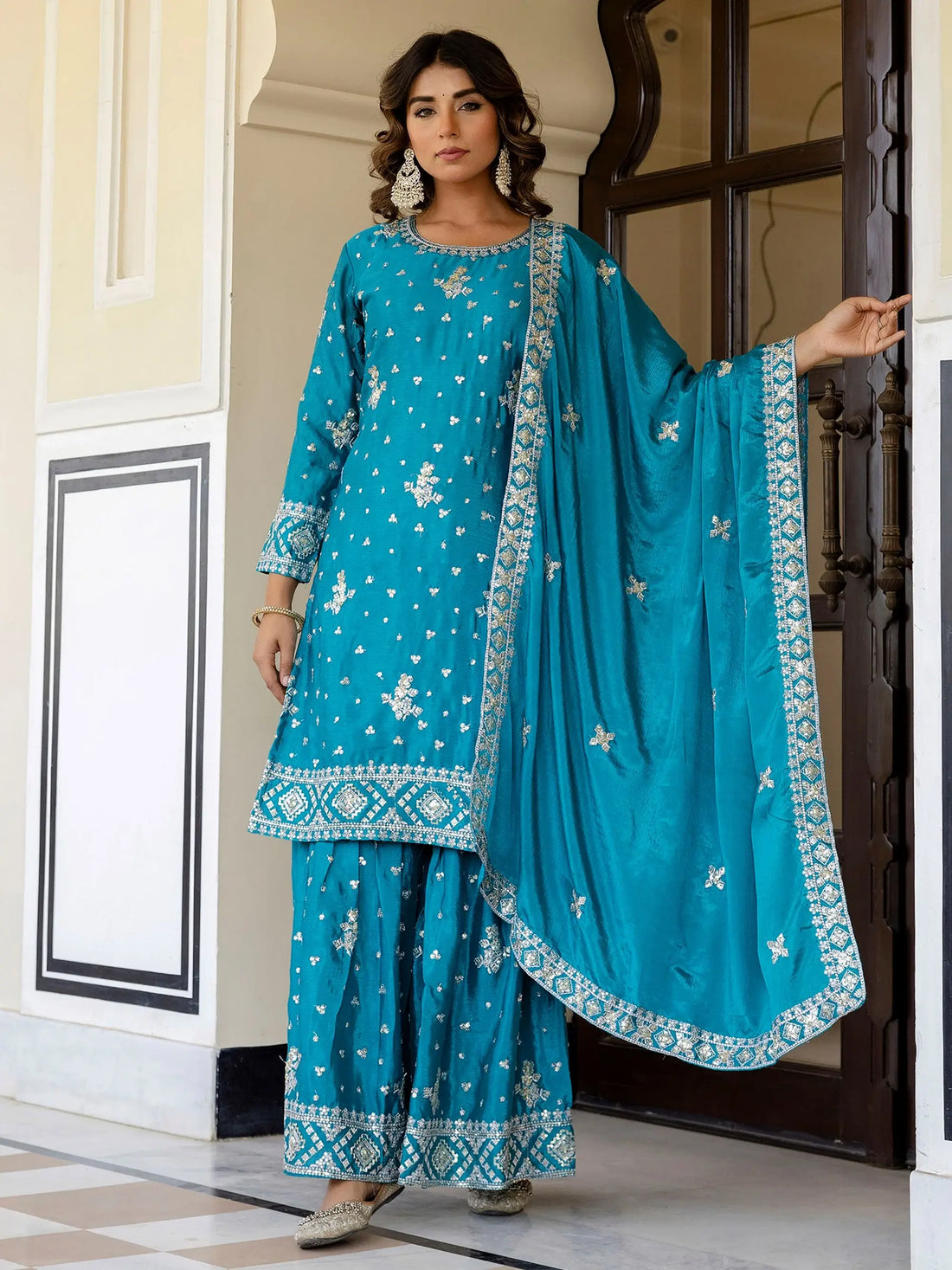 Glorious Sky Blue Zari Embroidery Chinon Festive Wear Gharara Suit With Dupatta