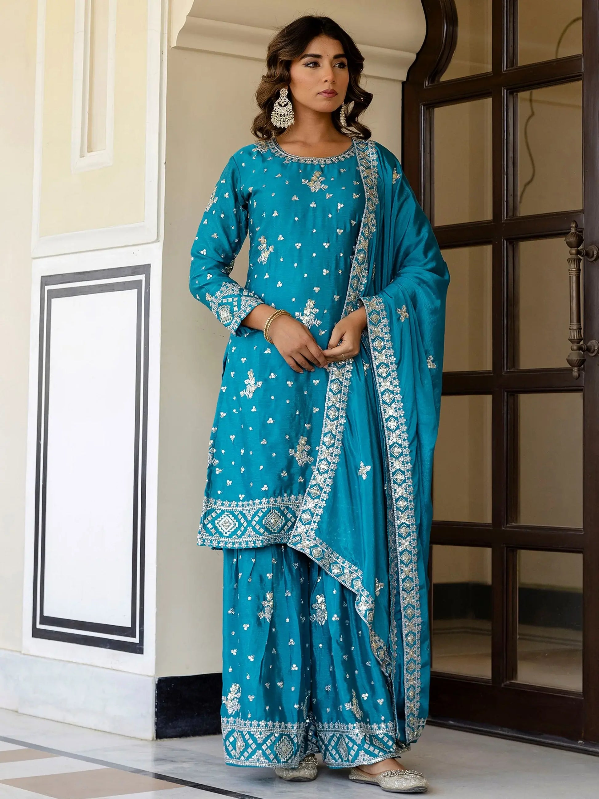 Glorious Sky Blue Zari Embroidery Chinon Festive Wear Gharara Suit With Dupatta