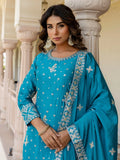 Glorious Sky Blue Zari Embroidery Chinon Festive Wear Gharara Suit With Dupatta
