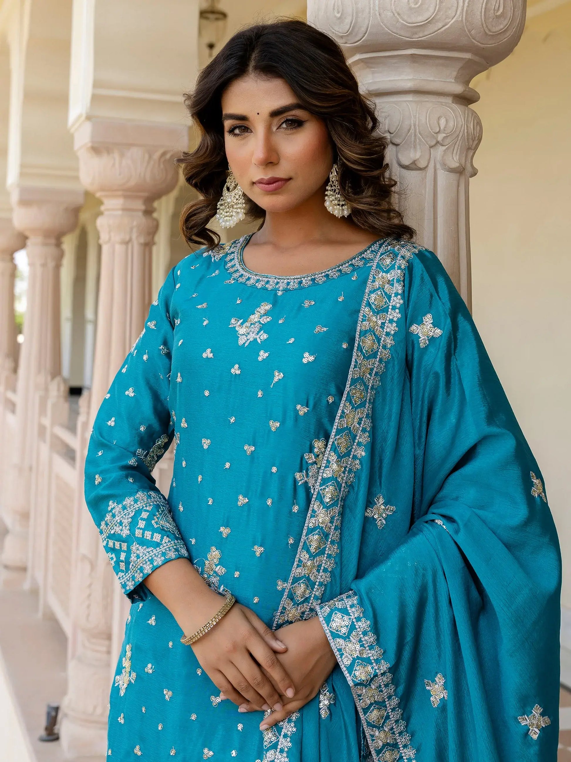 Glorious Sky Blue Zari Embroidery Chinon Festive Wear Gharara Suit With Dupatta
