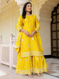 Magnetic Yellow Embroidered Chinon Haldi Wear Gharara Suit With Dupatta