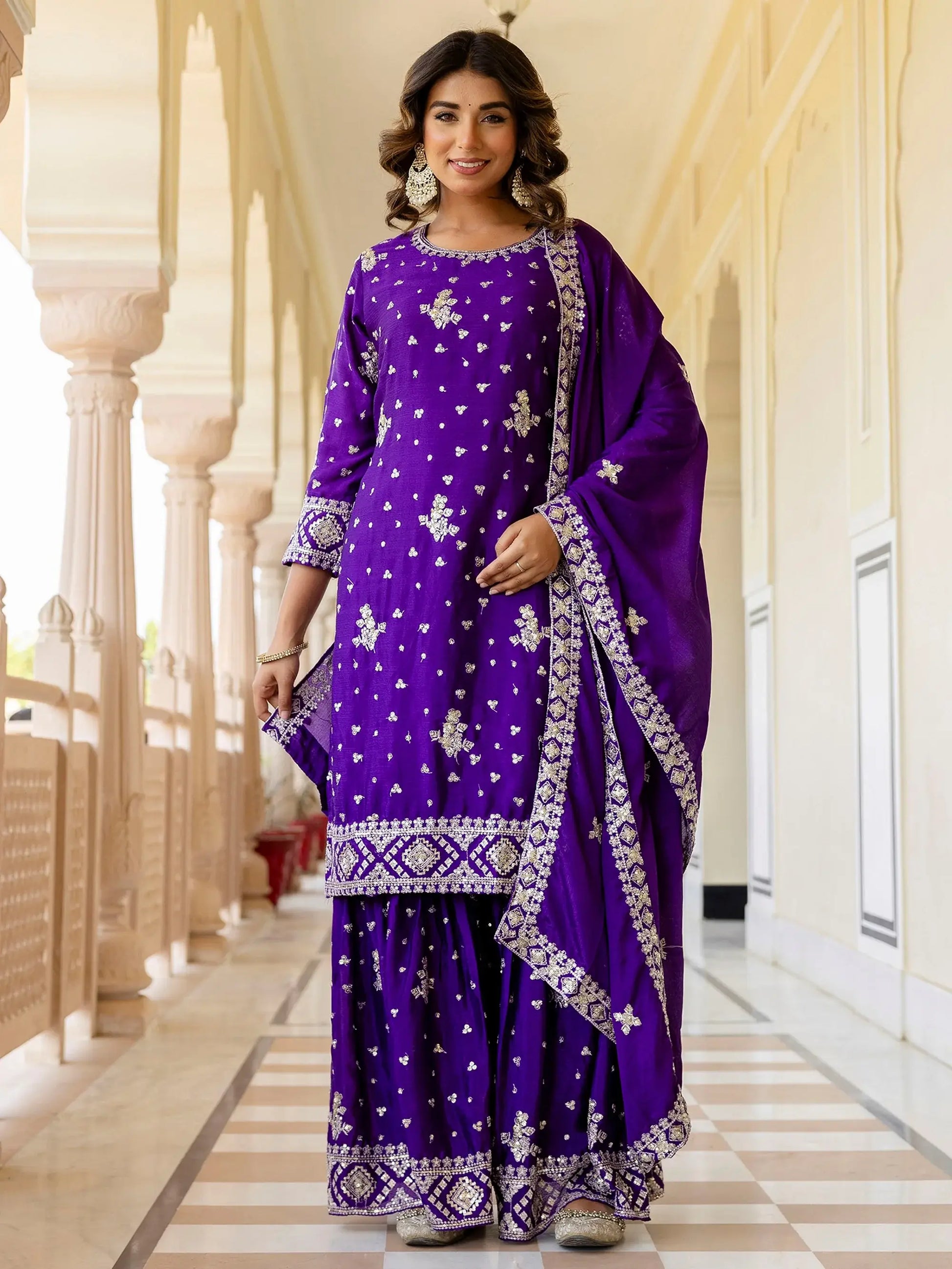 Rich Purple Zari Work Chinon Traditional Gharara Suit With Dupatta