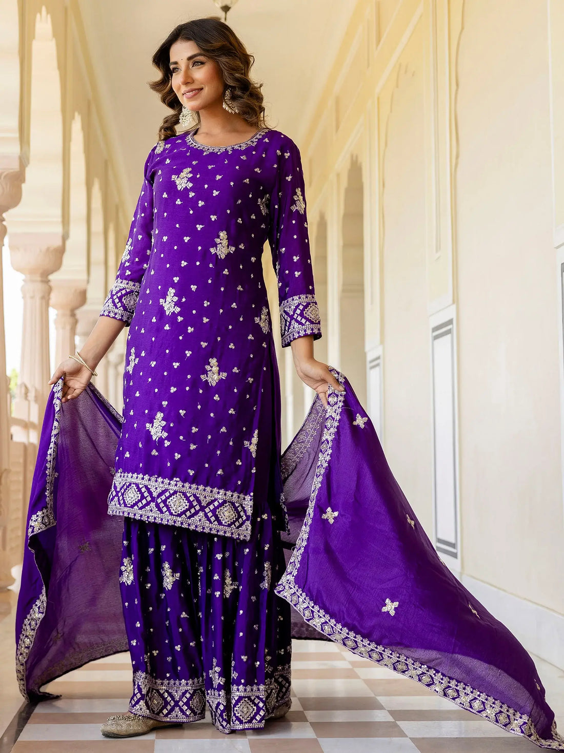 Rich Purple Zari Work Chinon Traditional Gharara Suit With Dupatta