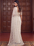 Awesome Off-White Pearls Work Net Reception Wear Saree With Blouse
