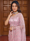 Sparkling Light Pink Pearls Work Net Reception Wear Saree With Blouse