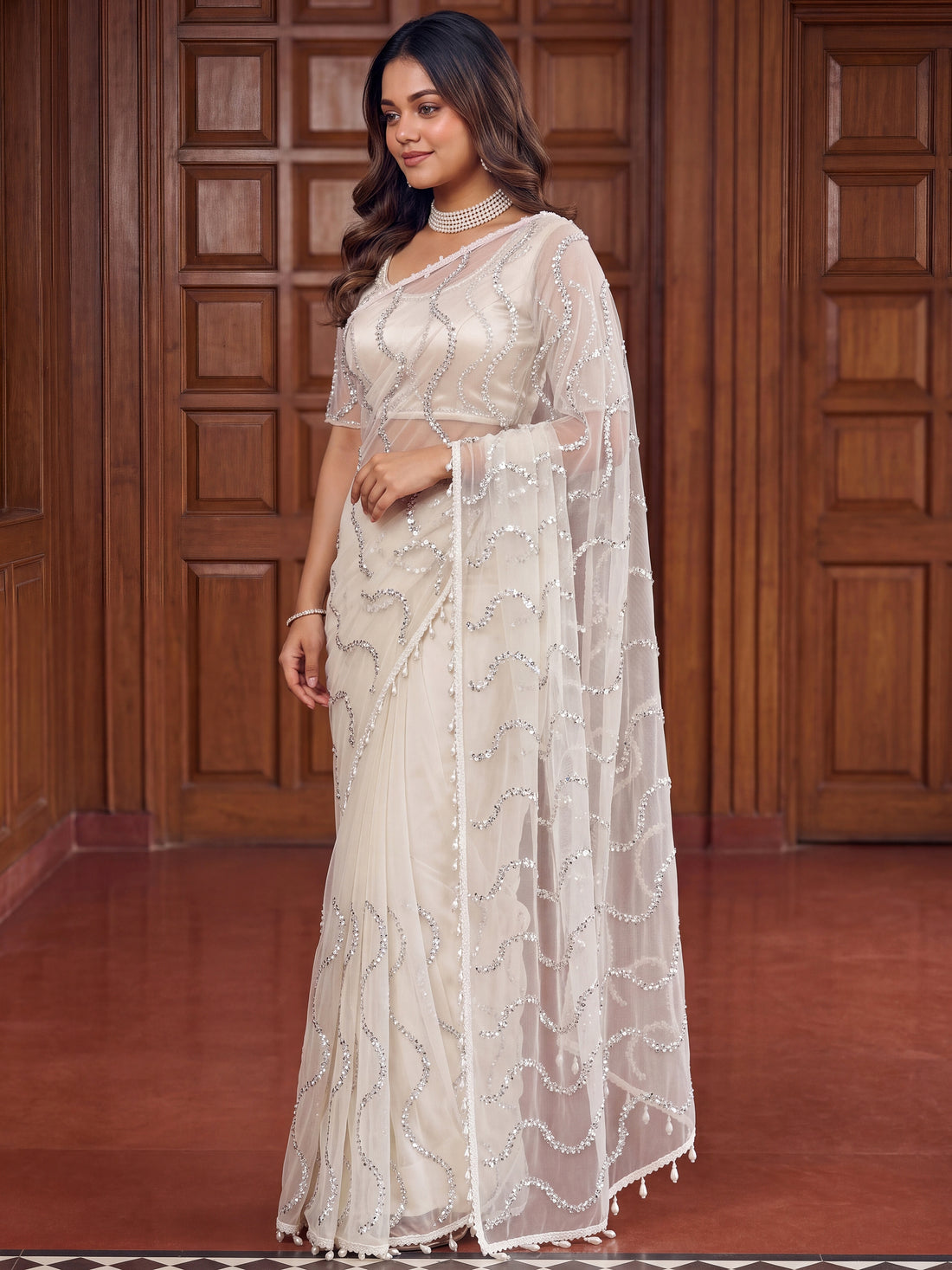 Awesome Off-White Pearls Work Net Reception Wear Saree With Blouse