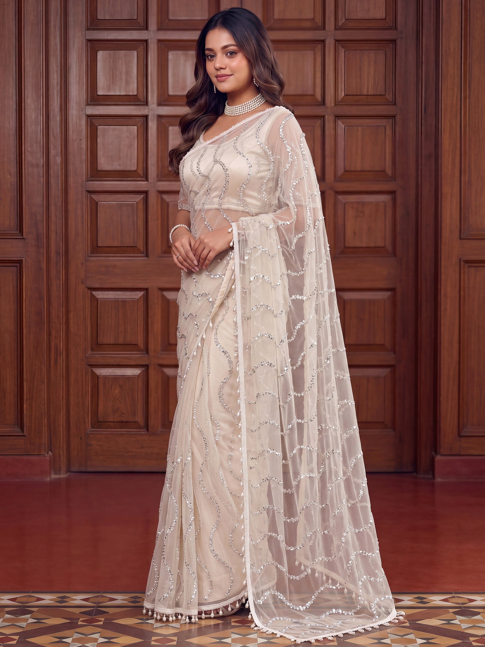 Awesome Off-White Pearls Work Net Reception Wear Saree With Blouse