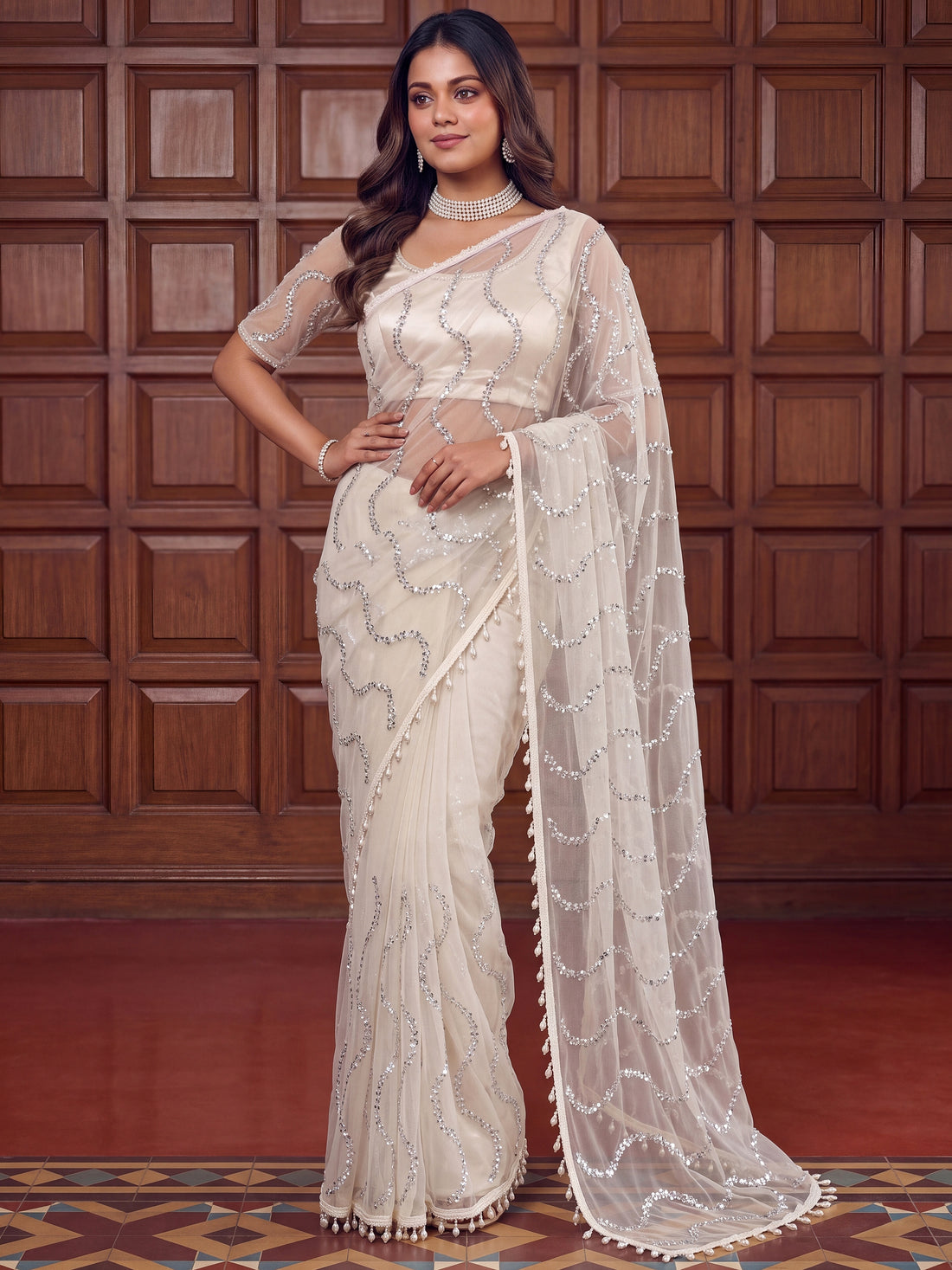 Awesome Off-White Pearls Work Net Reception Wear Saree With Blouse