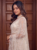 Awesome Off-White Pearls Work Net Reception Wear Saree With Blouse