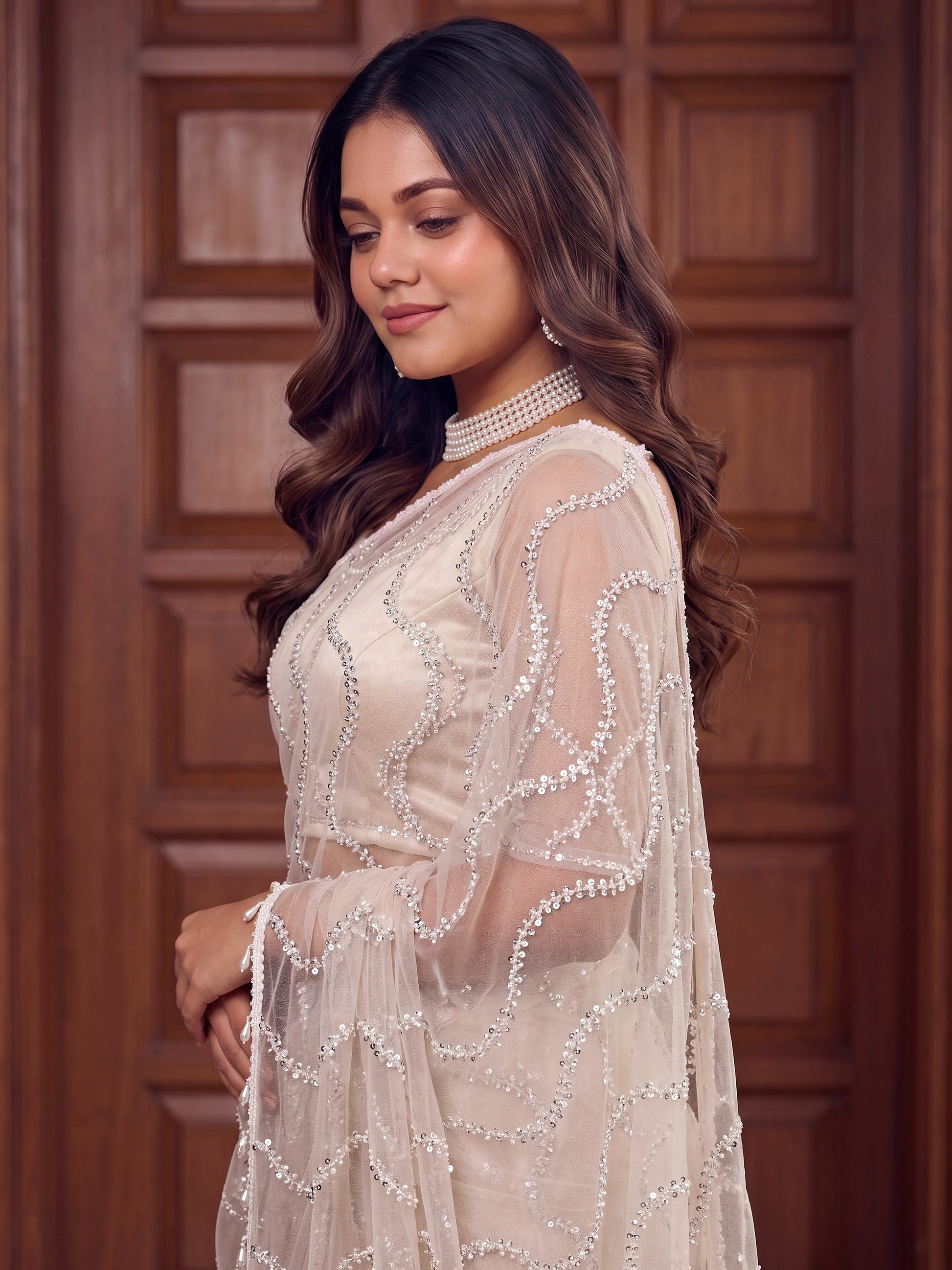 Awesome Off-White Pearls Work Net Reception Wear Saree With Blouse