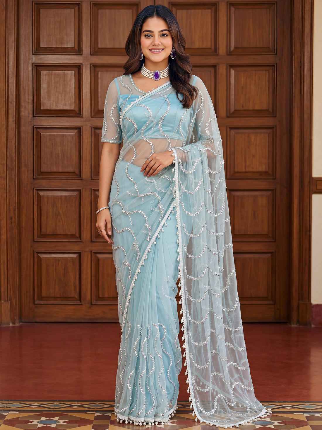 Gorgeous Sky Blue Sequins Work Net Party Wear Saree With Blouse