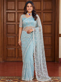 Gorgeous Sky Blue Sequins Work Net Party Wear Saree With Blouse