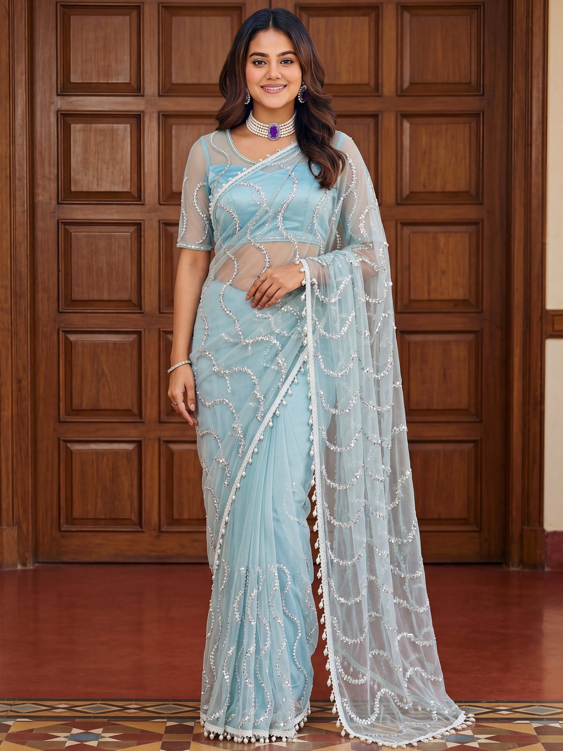 Gorgeous Sky Blue Sequins Work Net Party Wear Saree With Blouse