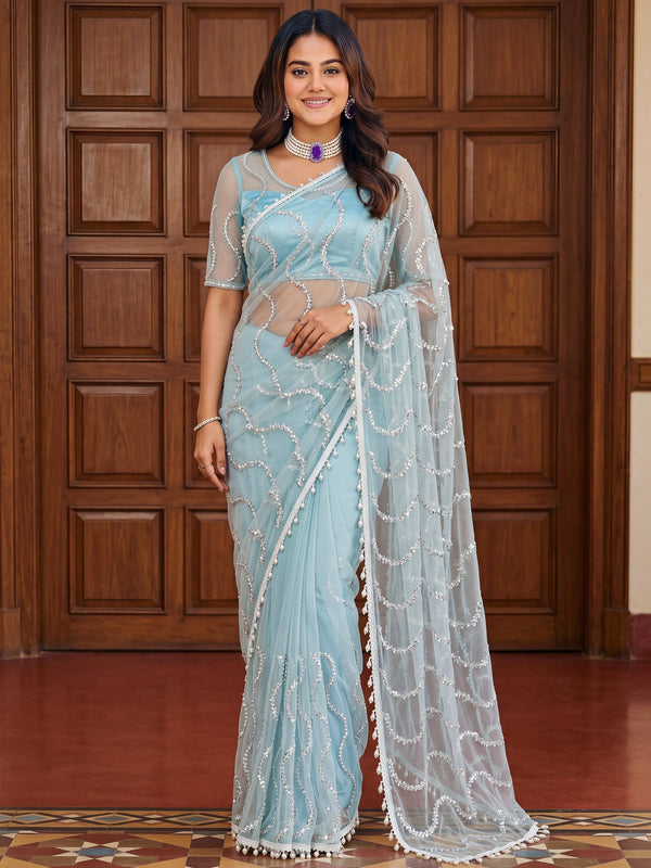 Gorgeous Sky Blue Sequins Work Net Party Wear Saree With Blouse